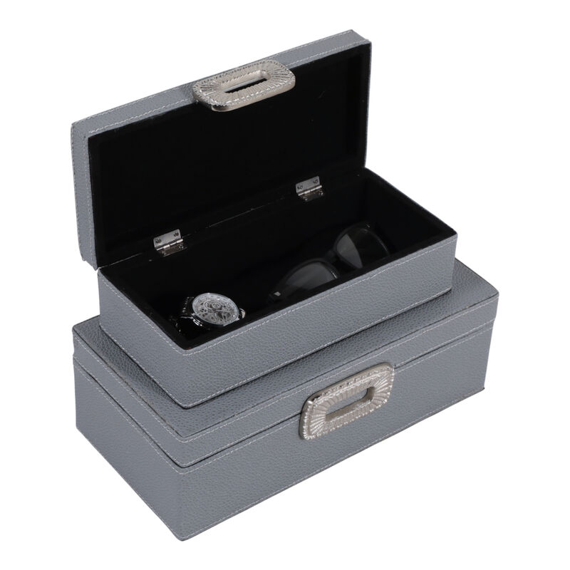 S/2 10/12" Shagreen Boxes W/ Hardware, Blue/silver image number 2