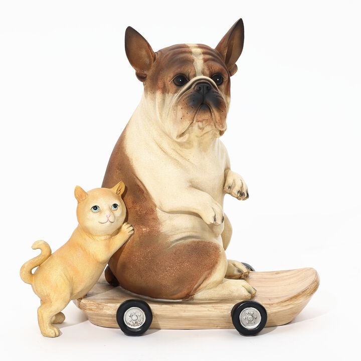 LuxenHome Kitten and Dog with Skateboard Sculpture Resin Statue, Indoor and Outdoor