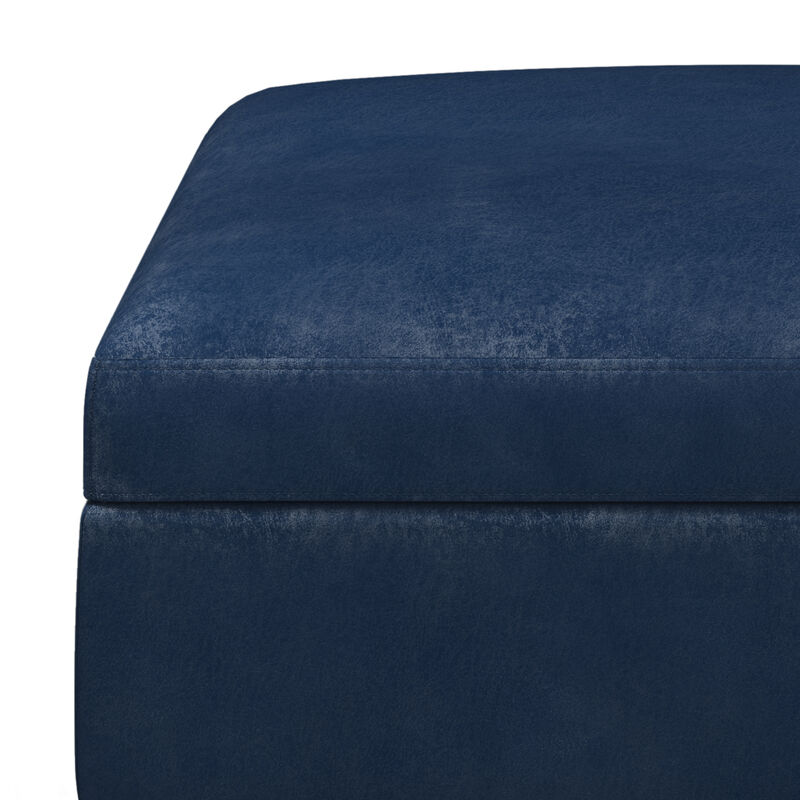 Owen Square Coffee Table Storage Ottoman in Distressed Dark Blue Faux Leather