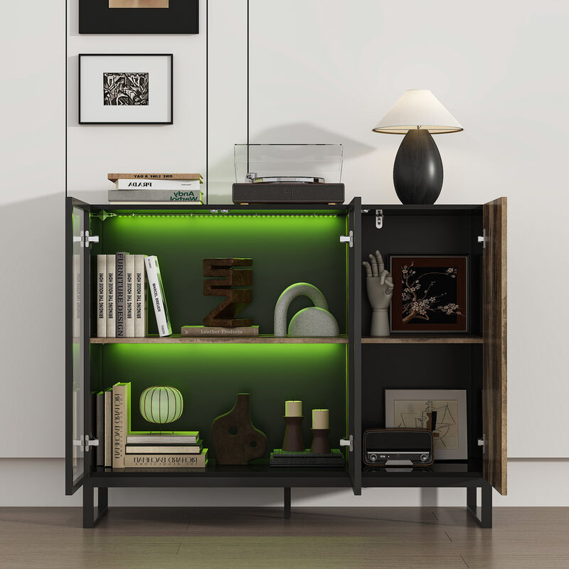 FUFU&GAGA Modern 3-Door Display Cabinet with Glass Fronts Wood Accent and Multi-Color LED Lighting 47.2 in. L x 16.1 in. W x 37.4 in. H Black