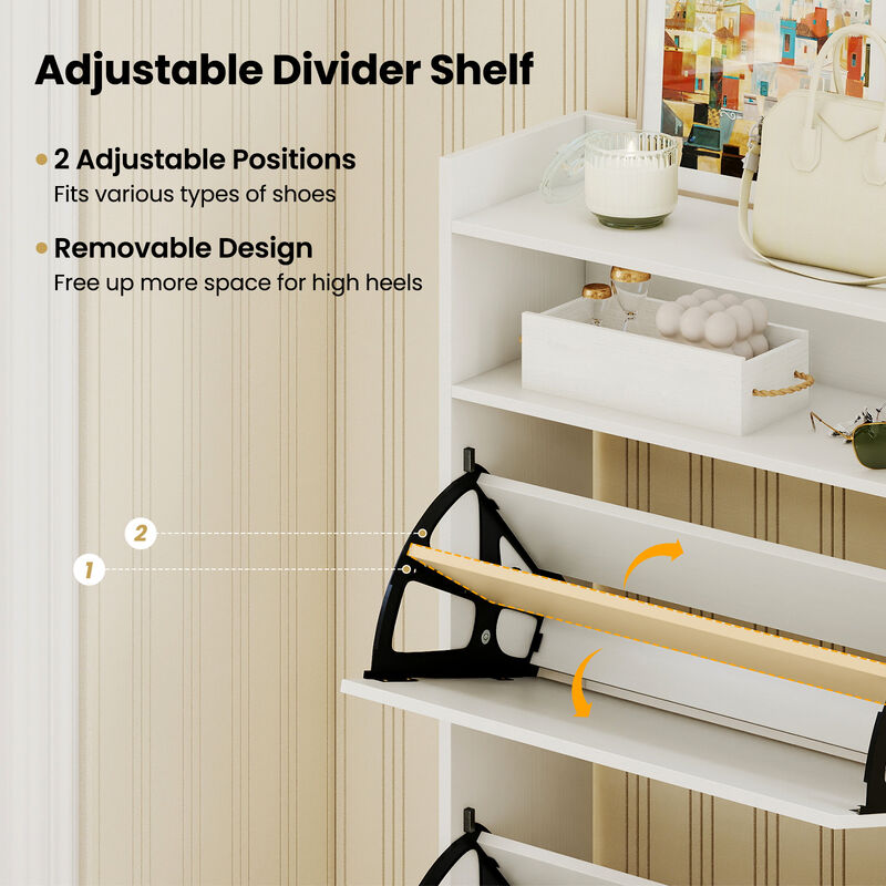 Hidden Shoe Rack Cabinet with 2 Flip Drawers and Customizable Shelving-White image number 6