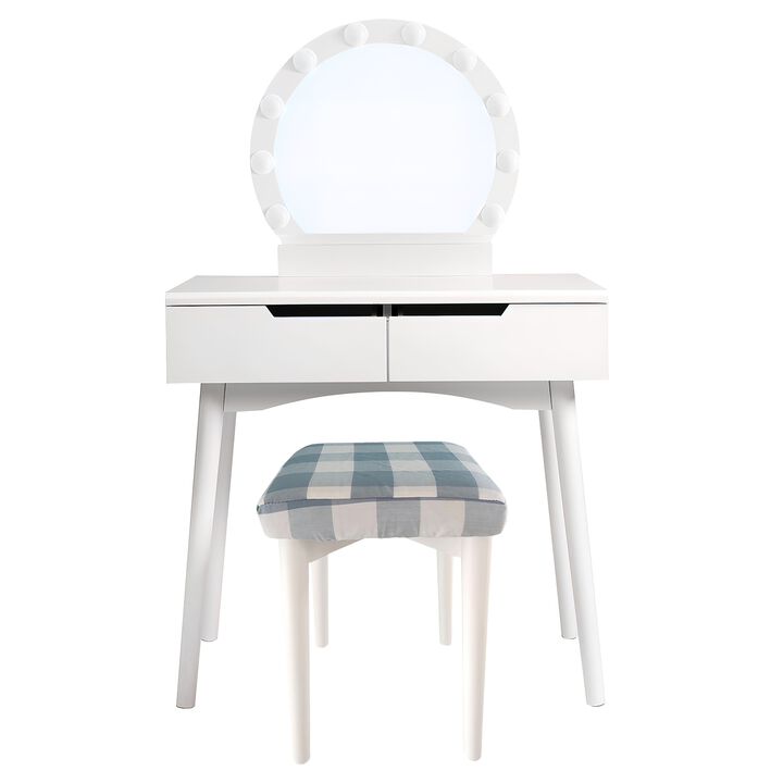 32 Inch 2 Piece Vanity Dressing Table Set with LED Mirror, 2 Drawers, and a Cushioned Stool, White Solid Wood-Benzara
