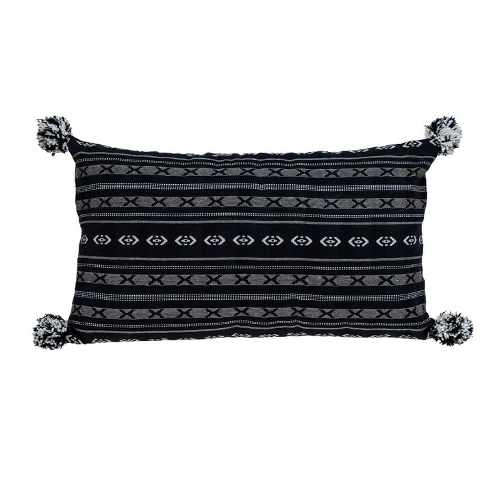 24" Black and White Embroidered Rectangular Throw Pillow