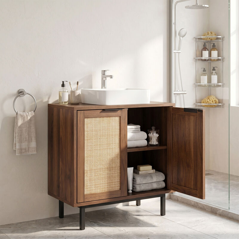 Modern Bathroom Vanity Cabinet with Rattan Doors and Cut-Out image number 4
