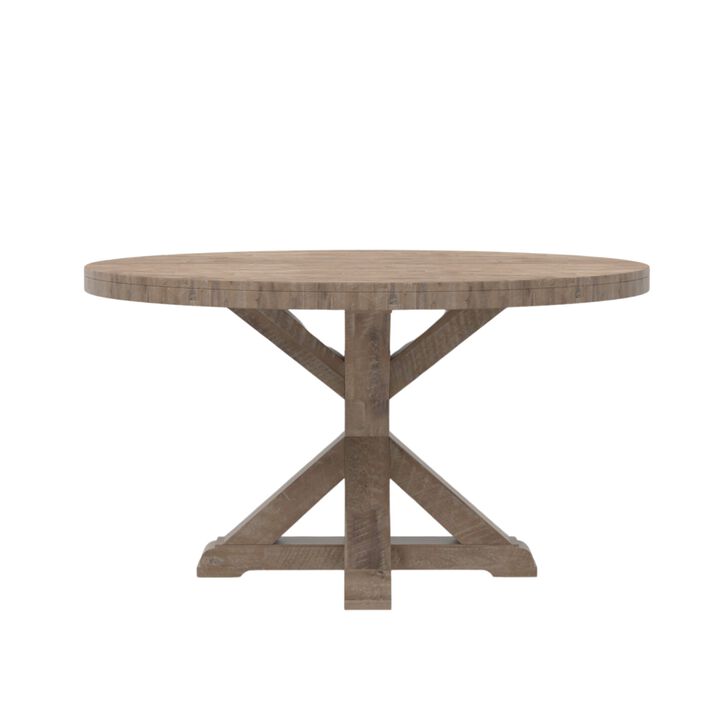 Bela Dining Table, 54 Inch Round Top w Solid X Base, Weathered Brown - Benzara
