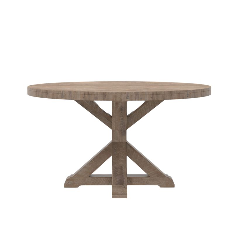 Bela Dining Table, 54 Inch Round Top w Solid X Base, Weathered Brown - Benzara image number 1