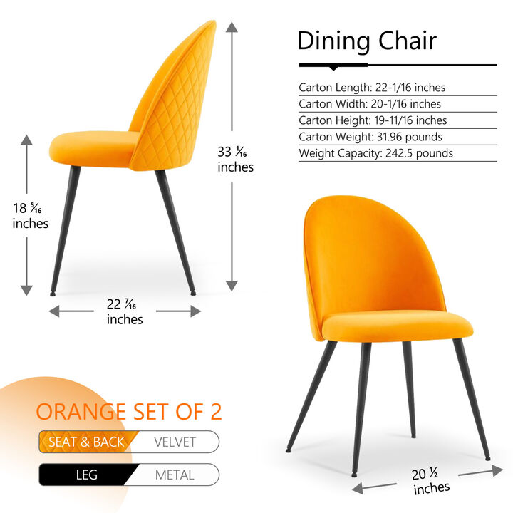 Dining Chair, Orange Velvet, Metal Black legs, Set of 4 Side Chairs