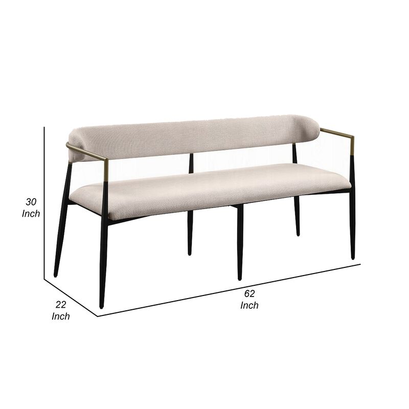 Vonn Dining Bench, Modern 62 Inch Black Metal Frame, Beige Fabric Back - Benzara