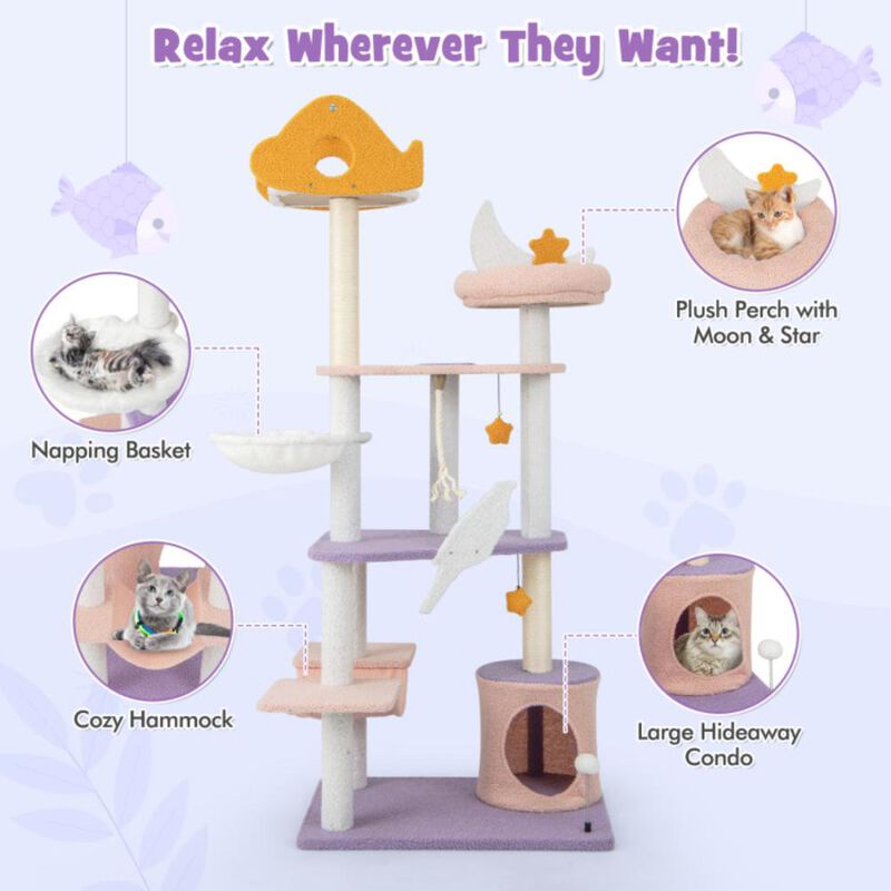 Hivvago 66 Inch Cute Cat Tree Cats Multi-level Tall Cat Tower with Sisal Covered Scratching Posts