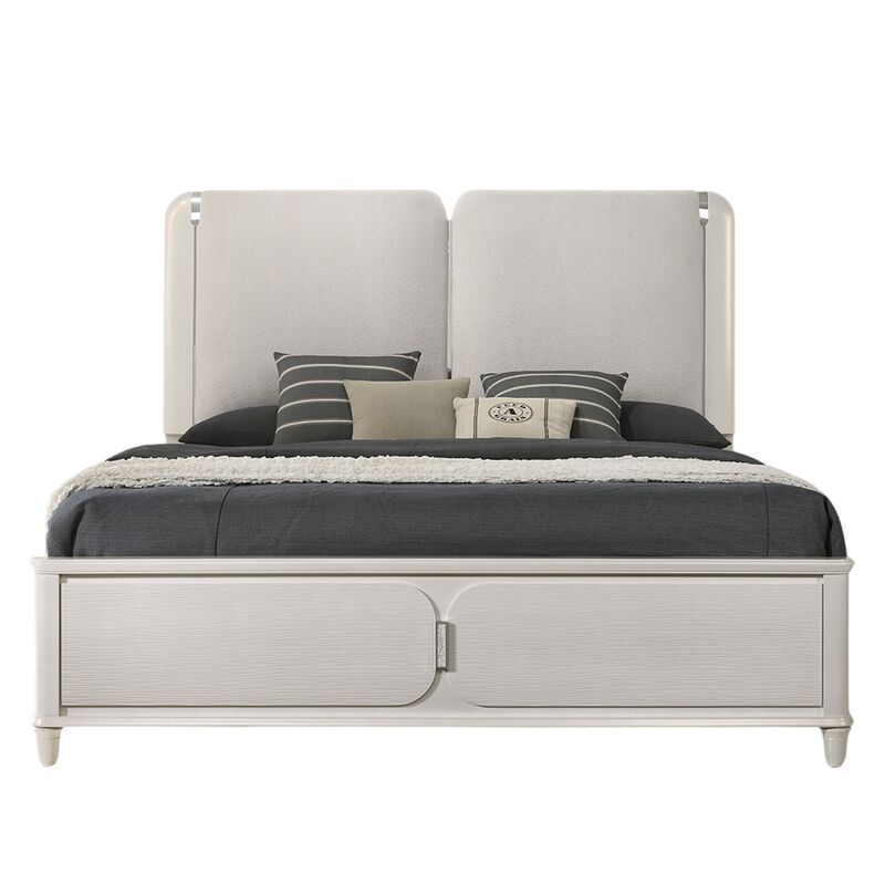 Veda Queen Size Bed with LED, Pearl White, Gray Boucle Upholstered - Benzara
