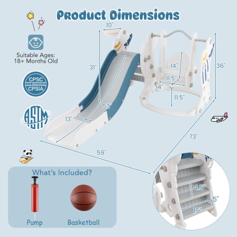 Hivvago 4-in-1 Kids Slide and Swing Set with Basketball Hoop