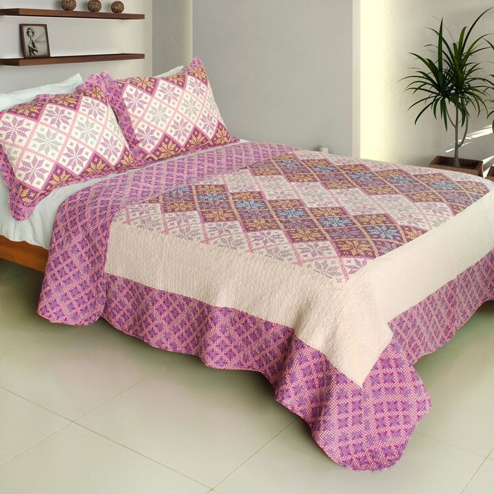 Queen Size Cotton Quilted Printed Bedding Set 3PC Vermicelli Stitch Quilt Set
