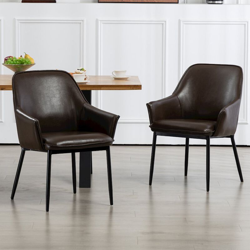 Glamour Home Set of 2 Dark Brown Faux Leather Upholstered Dining Chair Black Iron Legs