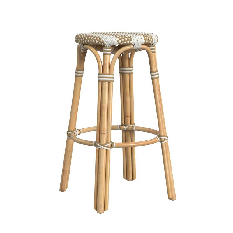 Butler Specialty Tobias Round Rattan 30 Bar Stool, Tan and White Stripe