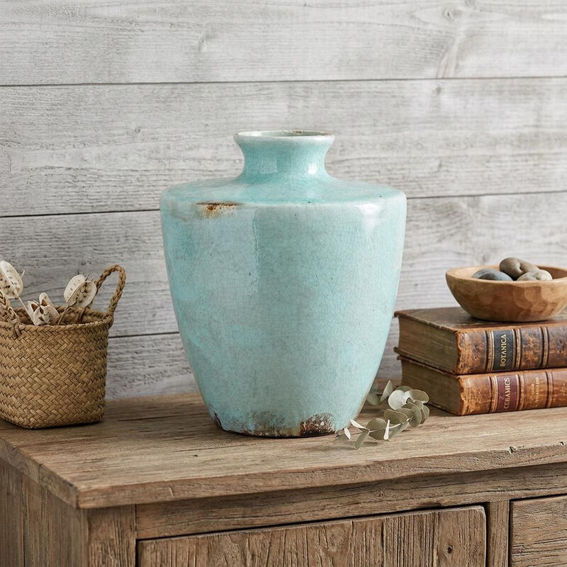 HomeRoots 12" Aqua Terracotta Crackle Glaze Round Table Vase image number 1