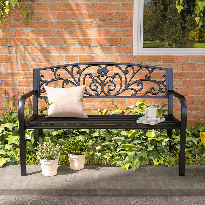 Hivvago 50" Outdoor Bench with Floral Backrest and Slatted Seat image number 6