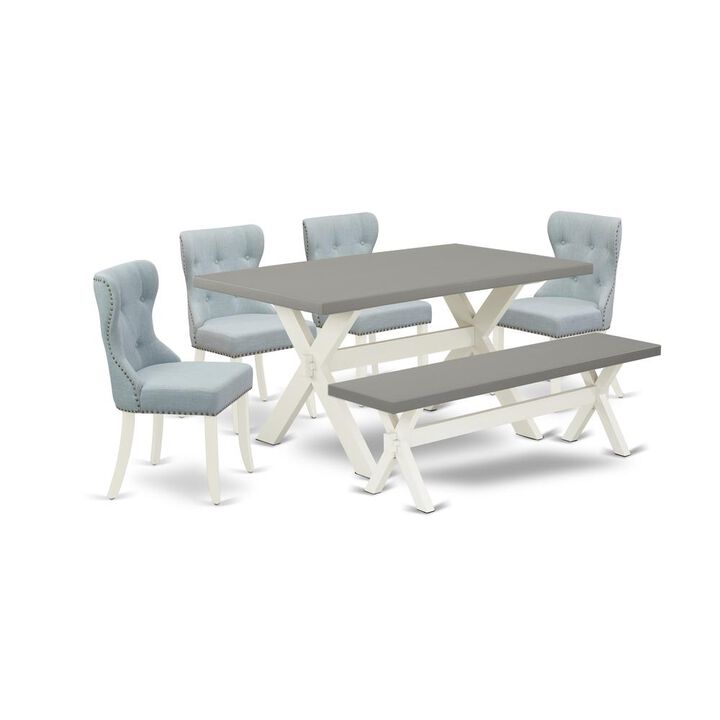 East West Furniture 6-Piece Dining Room Table Set- 4 Dining Padded Chairs with Baby Blue Linen Fabric Seat and Button Tufted Chair Back - Rectangular Top & Wooden Cross Legs Kitchen Dining