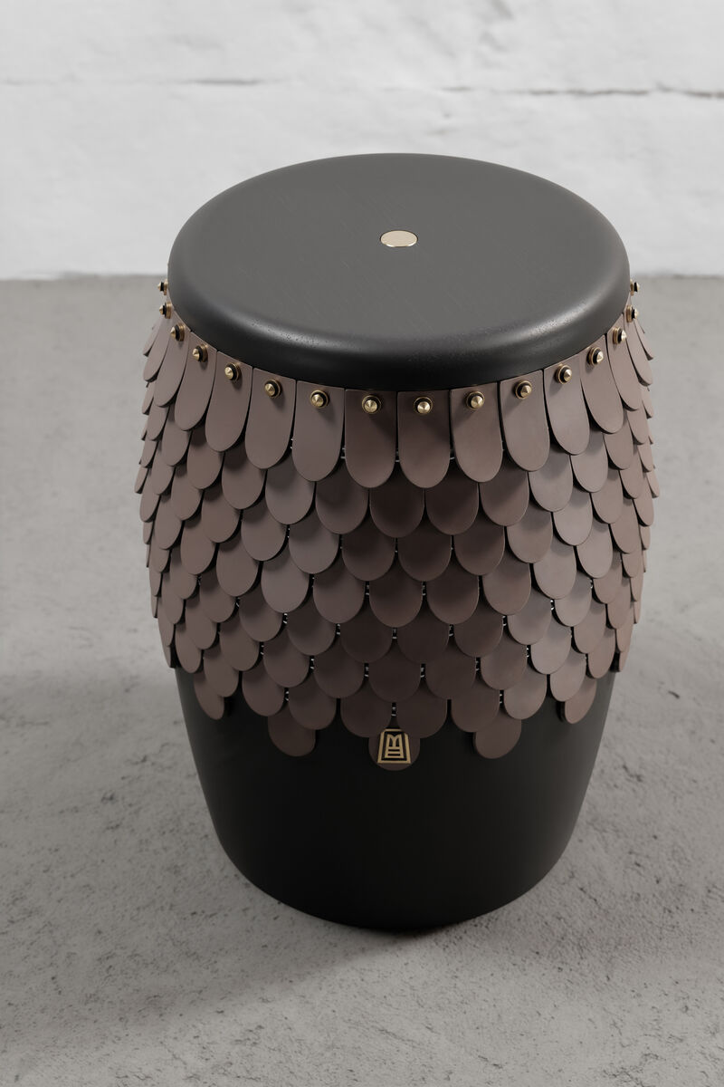 SITIERA_01 Solid Wood Stool, with Brown Thick Leather Accents, and Aged Bronze by ANDEAN, In Stock
