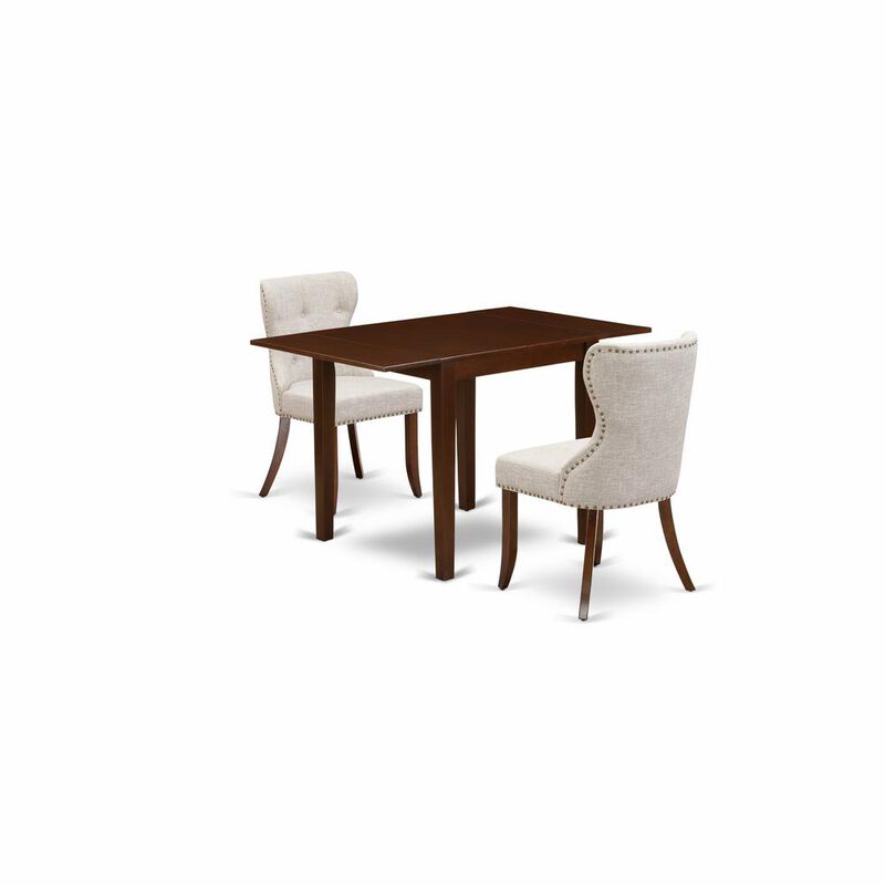 East-West Furniture NDSI3-MAH-35 - A dining room table set of two amazing kitchen chairs with Linen Fabric Doeskin color and a stunning drop leaf rectangle kitchen table with Mahogany Finish