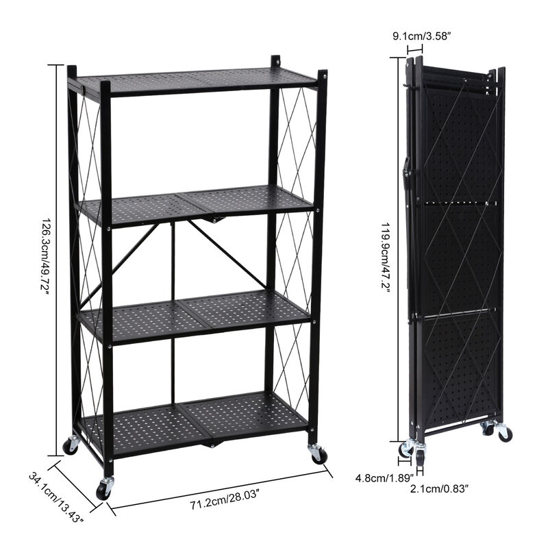 4-Tier Heavy Duty Foldable Metal Rack Storage Shelving Unit with Wheels Moving Easily Organizer Shelves Great for Garage Kitchen Holds up to 1000 lbs Capacity, Black image number 2