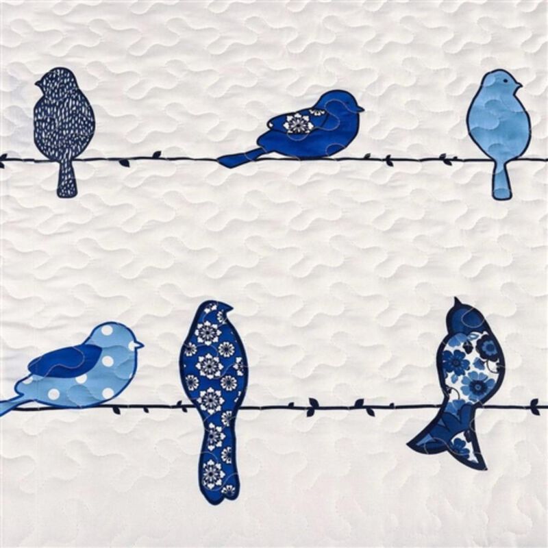 Hivvago King size Blue White Navy Floral Birds On Wire Lightweight 7 Piece Quilt Set