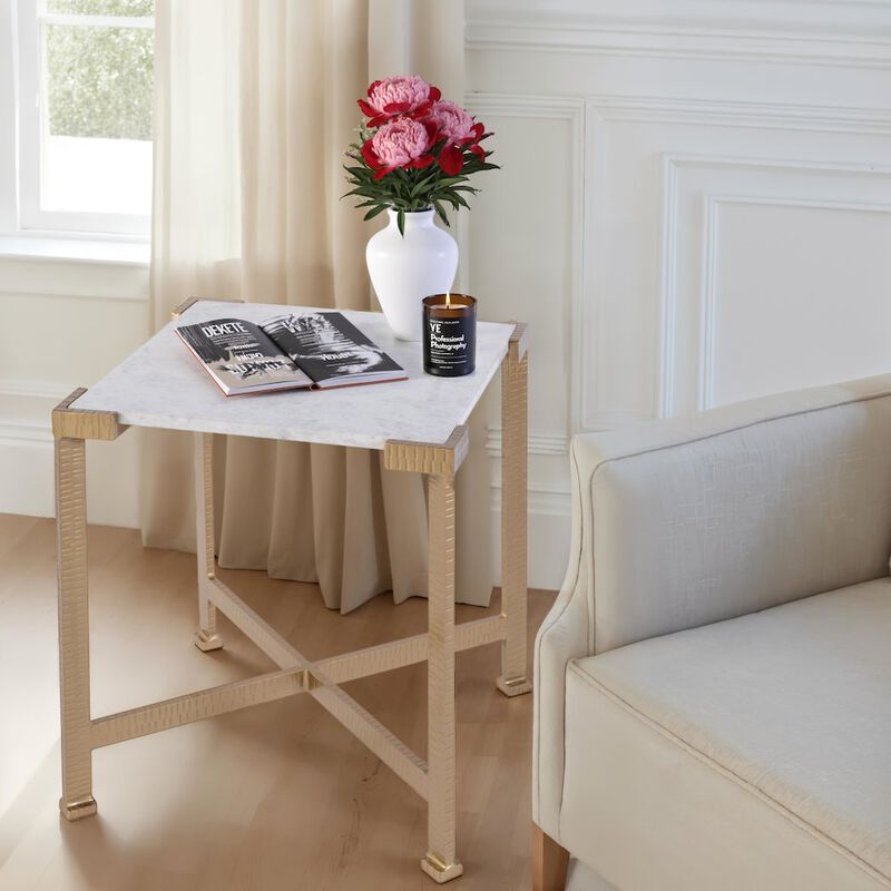 Butler Specialty Loric 18 in. W Square Iron and Marble Side Table, White, Antique Gold image number 1