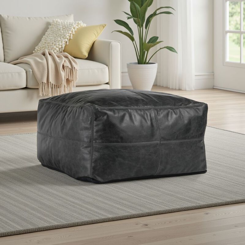 Square Pouf Ottoman, 24 Inch Black Real Leather, Reversible Design - Benzara