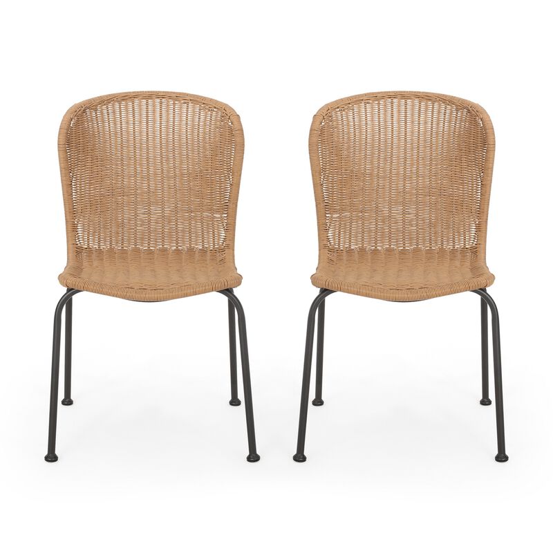Outdoor Patio Chair Set of 2, Rattan Light Brown Wicker Weave, Scrolled - Benzara