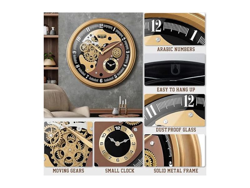 Industrial Moving Gears Dual Dials Wall Clock 20 Inch Gold Living Room Decor image number 3