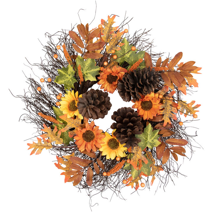 Sunflowers and Pine Cones Fall Artificial Thanksgiving Wreath  24-Inch  Unlit