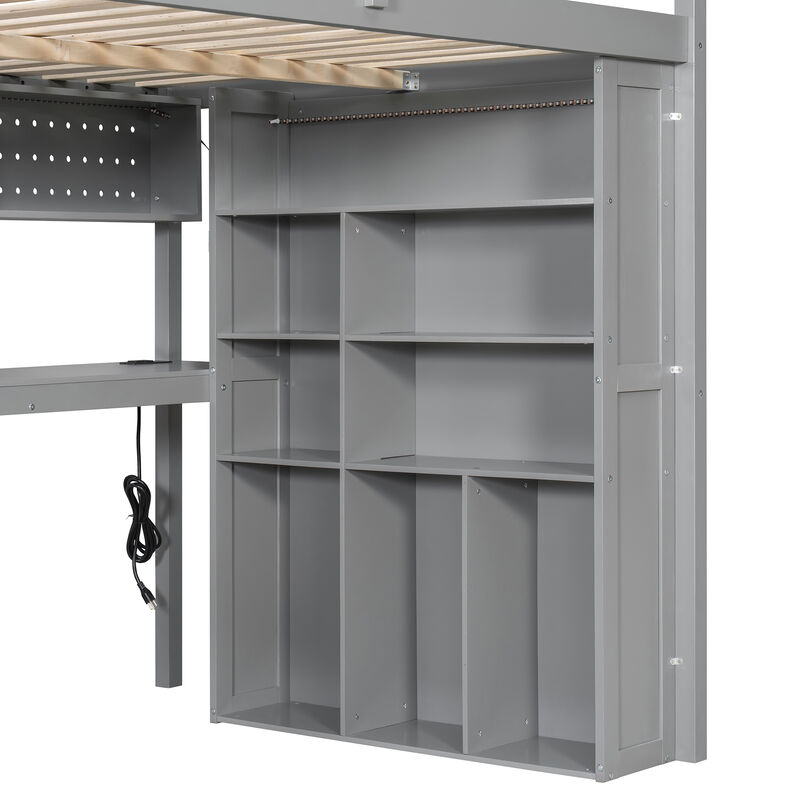 Whisen Full Loft Bed with Wardrobe Desk Shelves, Solid Wood Space-Saving for Bedroom Kids image number 8