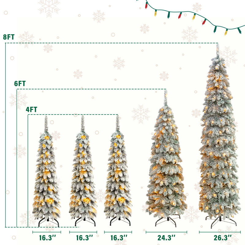 Whisen 8FT, 6FT, 4FT x 3 Pre-Lit Pencil Christmas Trees, 5-set Slim Artificial Christmas Tree With Snow Flocking, Xmas Holiday Decoration Tree, 1820 Branch Tips, 350 LED Lights image number 9