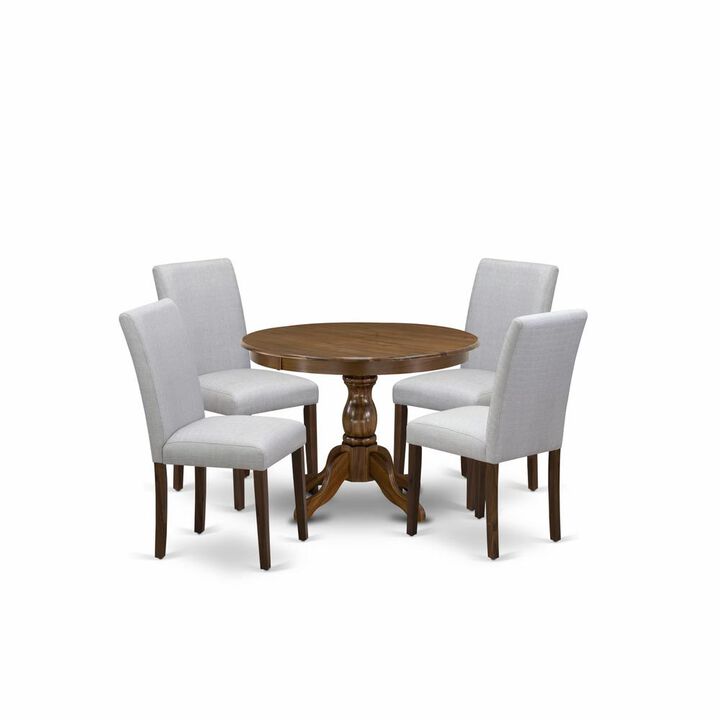 HBAB5-AWA-05 5 Pc Kitchen Table Set - Round Dining Table with 4 Grey Upholstered Chairs - Acacia Walnut Finish