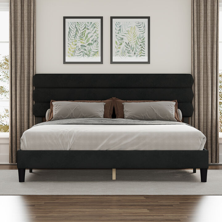 King Bed Frame with Headboard, Sturdy Platform Bed with Wooden Slats Support, No Box Spring, Mattress Foundation, Easy Assembly Dark grey