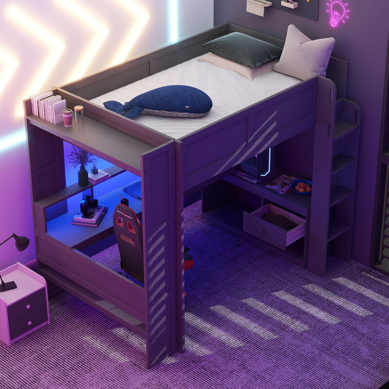 Whisen Wood Full Size Gaming Loft Bed with Desk, Multi-storage Shelves, LED and Charging Station - Dark Gray