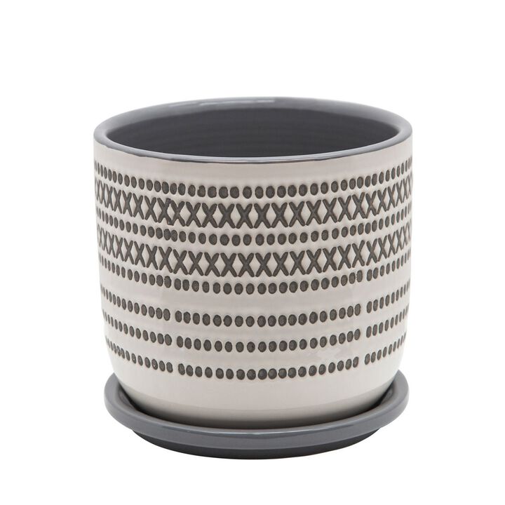 Ceramic Planter with Engraved Tribal Pattern and Saucer, Gray- Benzara