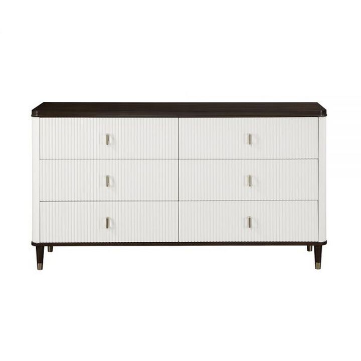 Benjara Aren 67 Inch Wide Dresser Chest, Jewelry Tray, 6 Drawers, Solid Wood, White and Brown