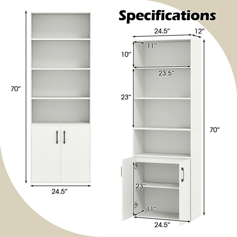 6-Tier Bookcase with Adjustable Shelves and 2-Door Cabinet for Home or Office