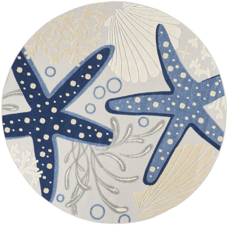 HomeRoots 8' Navy Blue And Gray Round Starfish Indoor Outdoor Area Rug