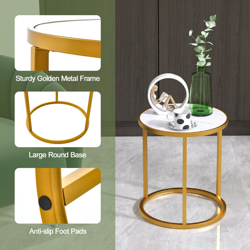 Marble Top Round Side Table 16-Inch End Table with Golden Metal Frame-Set of 2