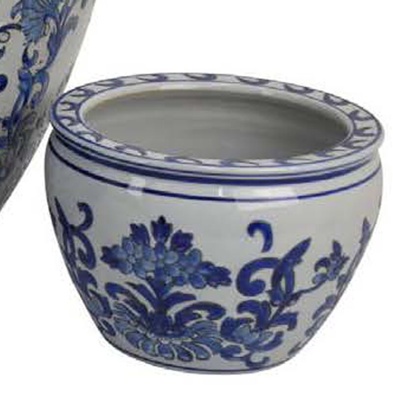 Hely 3 Planter Set, Blue Floral Vine Off White Ceramic 20, 14, 10 Inch