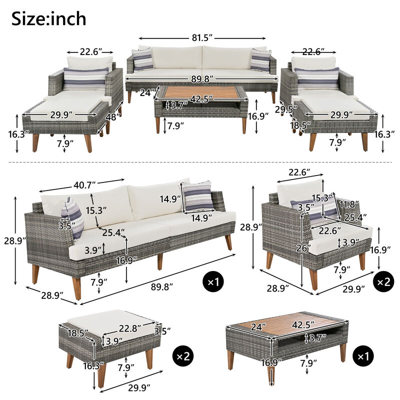 Whisen 6-Pieces All Weather PE Wicker Sofa Set, Outdoor Rattan sofa With Double Cushions