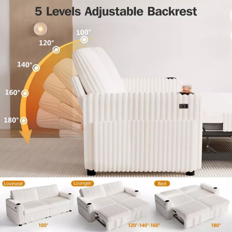 91" Convertible Sleeper Sofa Bed, Loveseat with 5-Level Reclining Backrest, Pull-Out Bed, USB Ports image number 2