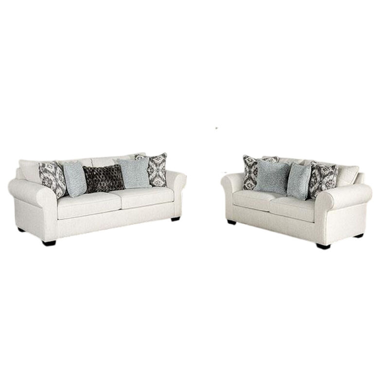 Berrie 2pc Sofa Loveseat Set, 9 Throw Pillows, Modern White Polyester - Benzara