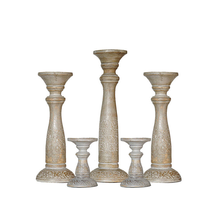Traditional Gray Wash Eco-friendly Handmade Mango Wood Set Of Five 6",9",12",9" & 6" Pillar Candle Holder BBH Homes