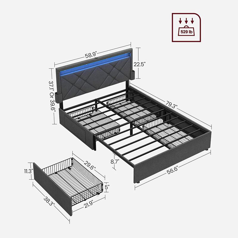 BreeBe LED Bed Frame with Headboard and 4 Drawers