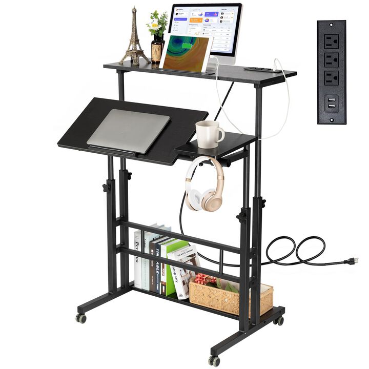 Hadulcet Stand Up Desk, Rolling Desk Adjustable Height, Mobile Standing Desk with Wheels & Charging Station, Portable Desk for L