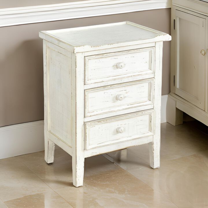 Rena Side End Table with 3 Drawers, 19 Inch Rustic White Mahogany Wood