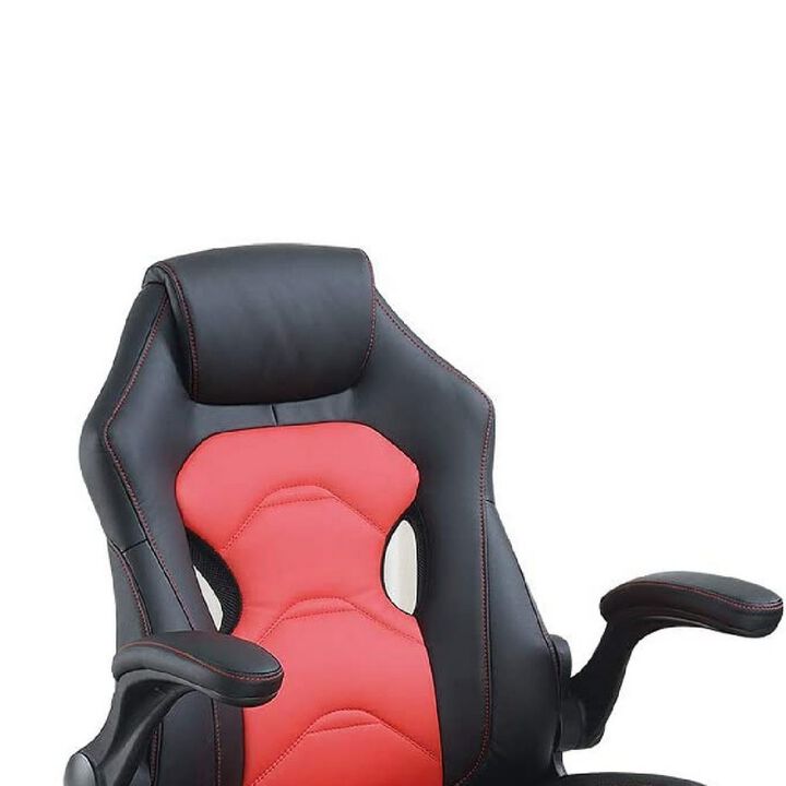 Office Chair with Padded Seat and Curved Track Arms, Black and Red-Benzara