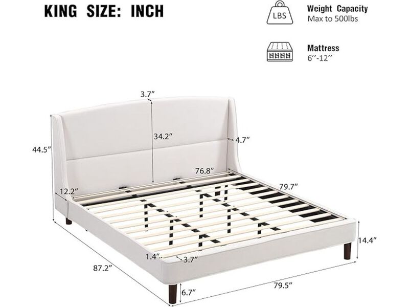 Cordo King Upholstered Platform Bed &ndash; Beige Wingback Headboard & Wooden Slats image number 1